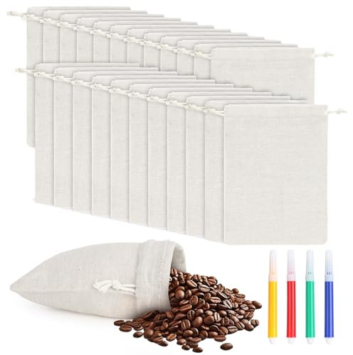 24Pcs Breathable Hessian & Cotton Muslin Bags, 8x10cm Cloth Pouches, Reusable Drawstring Gift Pouches with 4 Watercolor Pencils, Biodegradable Linen Burlap Bags for Wedding Favors, Jewelry DIY Crafts