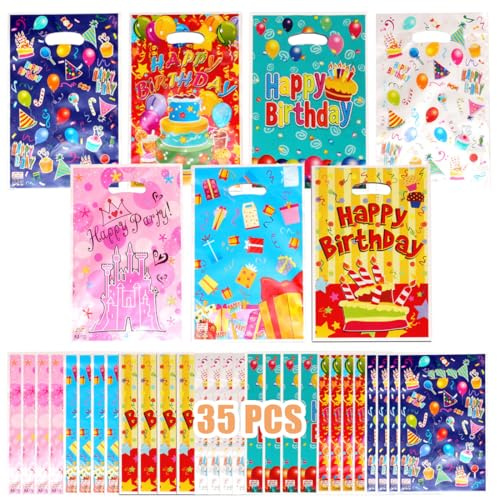QOWIJEX 35 Stück Geschenktüten Kindergeburtstag,Geburtstagstüten Mitgebsel Kinder,Tüten Kindergeburtstag Partytüten Geschenk Candy Tüten für Mädchen Jungen Kinder Geburtstag Party Tüten (7 Stile)