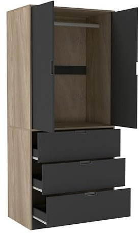 URBNLIVING 2 Door 3 Drawer Black White Oak Grey Modern Wardrobe Furniture with Clothes Hanging Rail Storage Shelf for Home Bedroom Organiser Unit H180cm x W80cm x D50cm