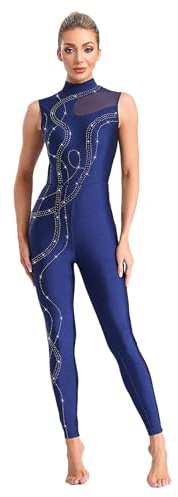 TTAO Damen Ganzkörperanzug Sportlich Lang Turnanzug Ärmellos Gymnastik Eiskunstlauf Kostüm Strass Tanzbody Gymnastikanzug Sport Junpsuit