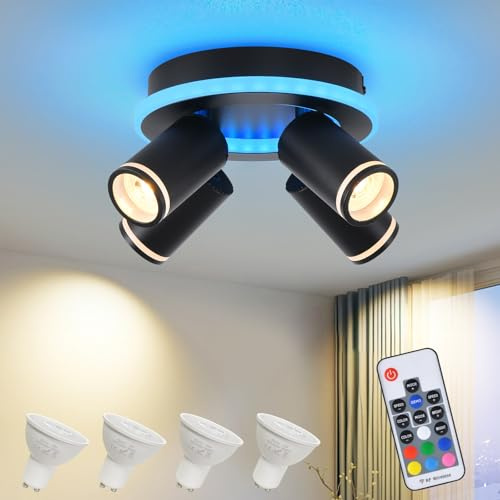 SANSHI Deckenlampe LED Dimmbar mit Fernbedienung,RGB Farbwechsel,Schwarz | Schwenkbar 350° Deckenleuchte,4 Flammig Rund Deckenstrahler,unteres Glühen 14W+4x5W GU10 spots,Modern Lampe Decke für Küche