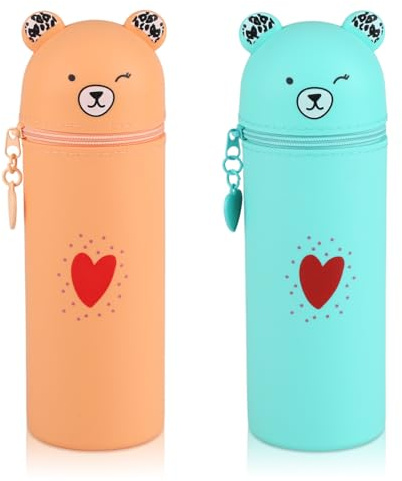 AILUYA 2 Stück Federmäppchen aus Weichem Silikon, 2 In 1 Bär Cartoon Bleistifthalter, 19,5 x 6,3cm Schlampermäppchen und Stifteköcher für Studenten, Jugendliche, Erwachsene (Hellorange, Grün)
