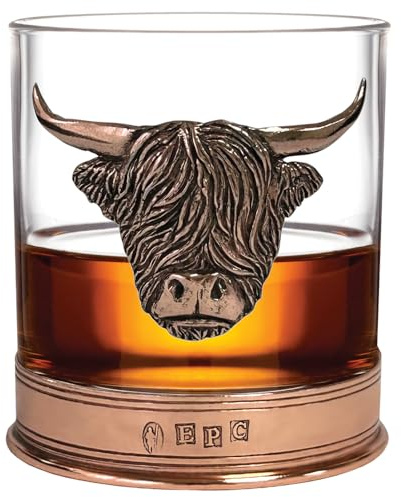 English Pewter Company Copper Highland Cow Whisky Glass Tumbler with Pewter Base [HCW003]
