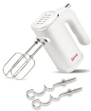 Girmi SB04 Batteur électrique 150W, 5 vitesses, fonction Turbo, fouets et crochets en inox pour crème, blancs d’œufs, pâtes sucrées et salées, blanc