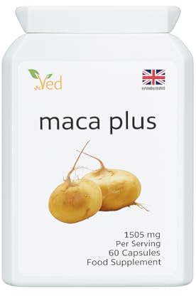 Ved Organic Maca Root Black, Red, Yellow 1505 mg per Serving 60 Capsules Peruvian Maca Root Gelatinized 100% Pure Non-GMO Supports Reproductive Health Natural Energizer (30 Days Supply).