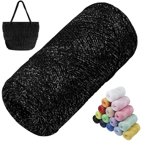LEREATI Cordino per Borse Uncinetto, 1.5mm x 280m Filo Macrame Glitterato Filato per Borse, Filo per Uncinetto Cestini, Fai da Te, Arazzo da Parete, Decorazioni, Artigianato (Nero)