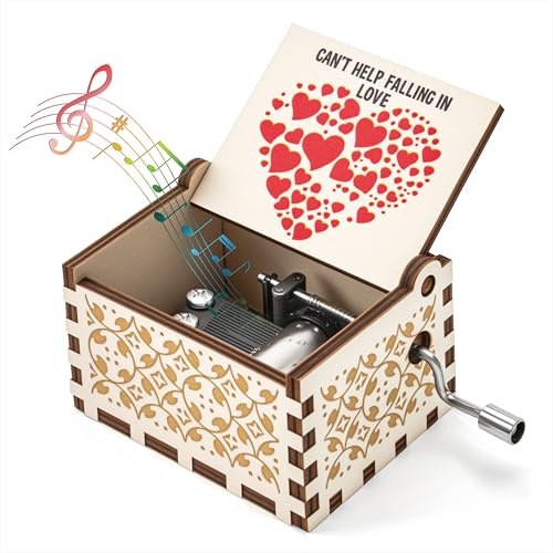 Qzakce Carillon in Legno a Manovella Bianco con Musica Can't Help Falling in Love Vintage Regalo Musicale per Compleanno Anniversario Natale San Valentino per Mariti e Amici