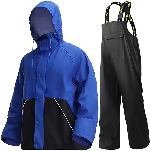 Navis Marine Traje de Lluvia Hombre – PU Resistente Impermeable y duradero con capucha y pantalón de tirantes, ideal para trabajo, pesca, construcción y actividades al aire libre(Royal Blue,M)