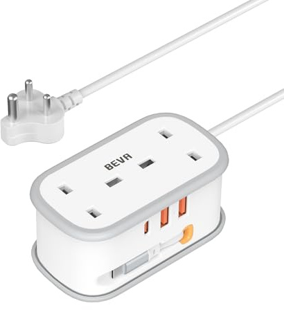 UK to India Plug Adapter with 1.5M Extension Cable, BEVA 2 Way 3 USB (2A+1C) Indian Travel Adapter with Retractable USB C Cable for Sri Lanka, Pakistan, Burma, Maldives, Iraq, Namibia, Nepal (Type D)