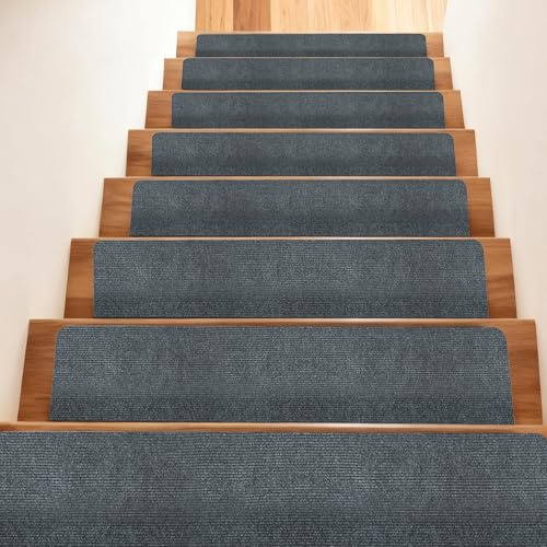 Non-Slip Stair Treads Carpet 15Pcs - 22x70cm Self-Adhesive Stairs Mats | Removable Stair Carpet Treads with Reusable Adhesive for Indoor Wooden Steps Homes with Kids Older Adults and Pets