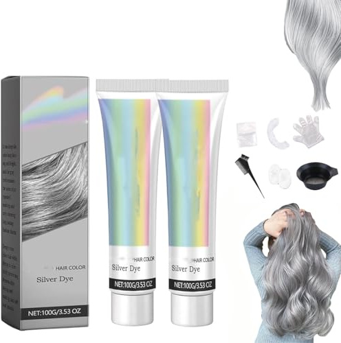 2-in-1 Natural Essence Extract Silver Hair Dye,Silver Gray Natural Hair Dye Cream,Fashion Silver Gray Hair Dye for All Hair Types,Long-Lasting Colour with Nourishing Plant Extracts (2 Pcs)