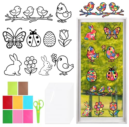 26 Stück Basteln Frühling Ostern Kinder, Fensterbilder Ostern Bastelset DIY für Kinder, Fensterbild Basteln mit Hase, Küken, Schmetterling & Osterei, Oster Geschenk