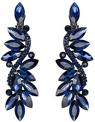 Clearine Damen Ohrclips Modern Hochzeit Braut Kristall Blume Romantik Dangle lange Ohrringe Clip On Sapphire-Farbe Dunkelblau Silber-Ton