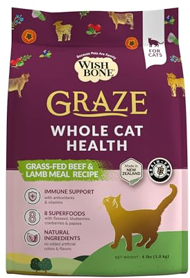 Wishbone Graze New Zealand Beef and Lamb, Gluten Free, Grain Free Dry Cat Food, Premium Beef and Lamb Recipe Cat Food for Overall Pet Health - 4 lb