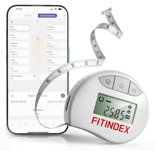 FITINDEX Body Measuring Tape, Accurate Bluetooth Measuring Tape for Body Measurements, Smart Body Tape Measure Retractable with 12 Body Parts Measure for Weight Loss Fitness Muscle Gain, Sync with APP