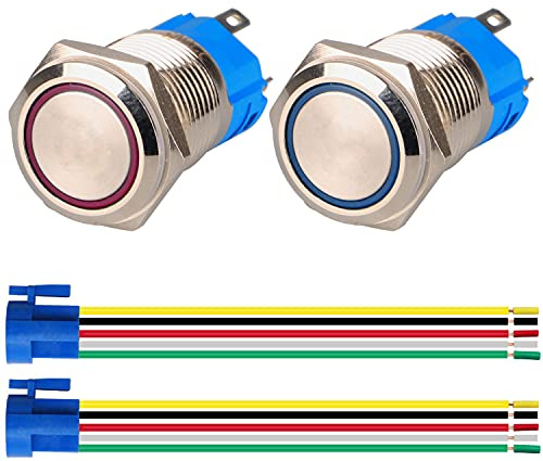 GUUZI 2pcs Pulsadores Momentáneos 1NO1NC Carcasa de Acero Inoxidable Impermeable 220V-230V/5A Botón Iluminado con Anillo LED con Enchufe de Cable Adecuado para Orificio de Montaje de 16mm(Azul+Rojo)