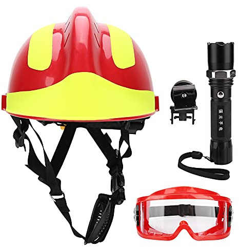 FILFEEL Schutzhelme, Notfall Rettungs Feuerwehrschutz, Kopfschutz Verstellbarer Helm, Feuerwehrschutz Schutzhelm mit Scheinwerfer und Schutzbrille