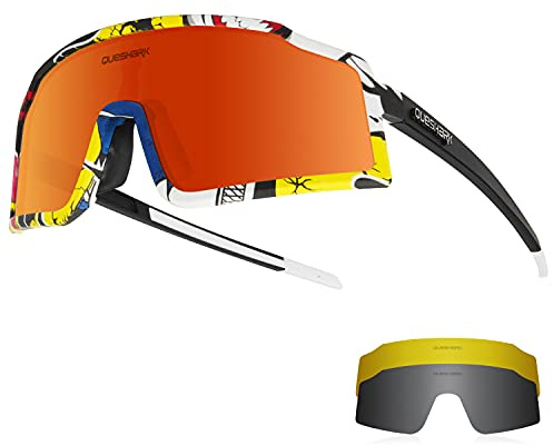 Queshark Occhiali Ciclismo Polarizzati, Occhiali Bici Uomo Donna, 1 Polarizzato 2 HD Lenti, TR90 Montatura, UV400 Veloci per Ciclismo, Corsa, Pesca, Baseball, Sci