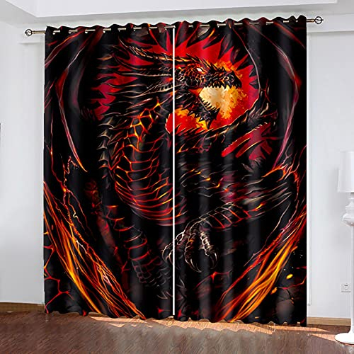 ADKMC Blickdichter Vorhang Mit Ösen, Tier Drache Rot Kunst 150X166CM Verdunkelungsvorhang, 2Er Set Gardinen, Polyester Für Schlafzimmer, Kinderzimmer, Wohnzimmer Dekoration
