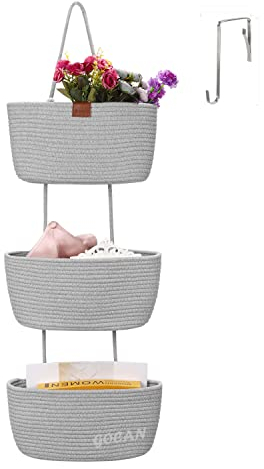 GOCAN Hanging Organiser Wall Organiser 3-Tier Hanging Basket Made of Cotton Rope Woven Hanging Bathroom Basket for Storage in Children's Room, Bathroom and Bedroom