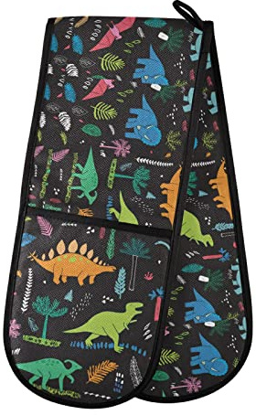 Colorful Funny Dinosaurs with Forest Palm Leaves on Black Double Oven Mitt Gloves Extra Long Potholder High Heat Resistant for Baking Cooking Baking Grilling Handling Hots Pans 35x7