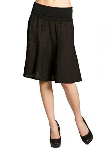 Caspar Damen Midi Sommer Leinenrock Knielang Sommerrock mit Stretch Bund - RO014, Farbe:schwarz, Mode Größe:M-L