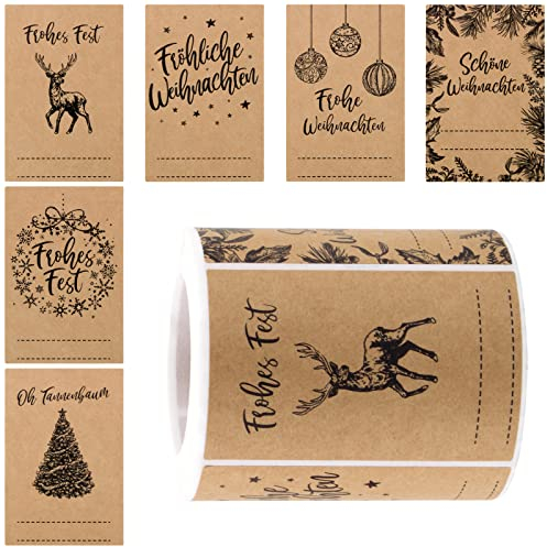 250 Stück Weihnachtsaufkleber zum Beschriften 7.5x5cm Weihnachtssticker Kraftpapier Etiketten Selbstklebend Anhänger Aufkleber Frohe Weihnachten Geschenkaufkleber Klebeetiketten Weihnachtsdeko