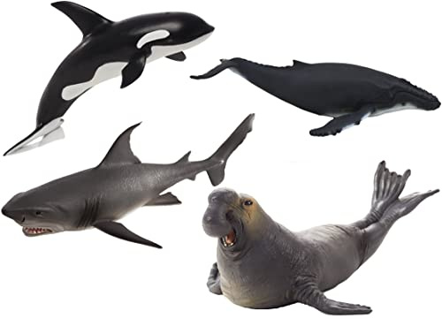 MOJO 4er Pack Tierfiguren der Meereswelt Deluxe Größe I (Inhalt: 1 Buckelwal, 1 Meereselefant, 1 großer Orca und 1 großer weißer Hai)