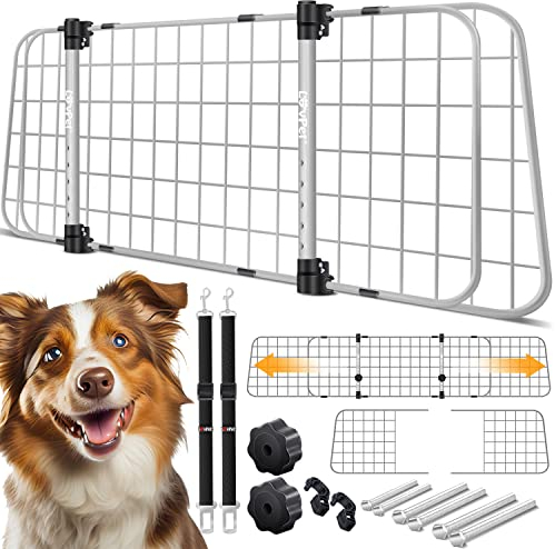 Lovpet® Hundegitter Auto, Autoschutzgitter Trenngitter Universal, verstellbare Breite, Kopfstütze Kofferraum Autogitter Maße 30 x 91-153 cm Kofferraumgitter + 2X Sicherheitsgurt für Hunde, Grau