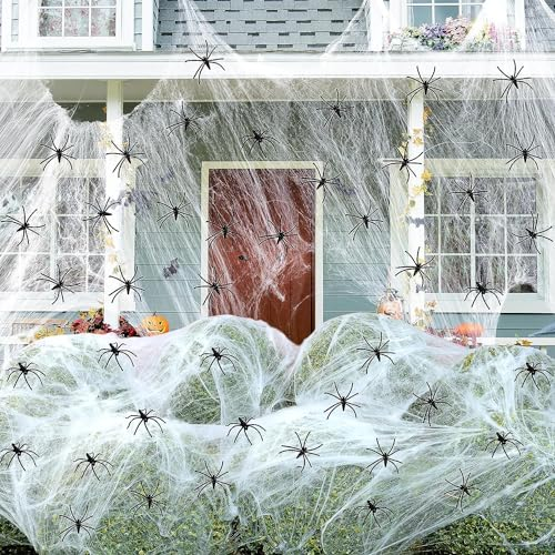 Daover Decorazione Ragnatela Halloween, 160g Decorazione Ragnatela Bianca con 40 Ragni Finti, Abastanza per Coprire 800 Piedi Quadrati, Ragnatela per Decorazioni Spaventose per Feste di Halloween