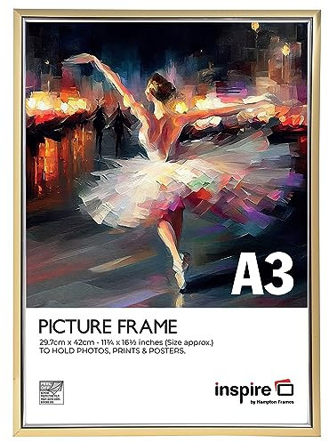 inspire by Hampton Frames Cornice per poster, formato A3 (30 x 42 cm), oro, plastica, avvolta in alluminio, frontale in acrilico, retro a goccia, montaggio a parete, per foto, certificati, opere