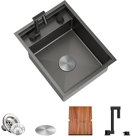 TORVA Black Workstation Undermount Sink for Bar RV Kitchen,40.6x53.3x23cm | with Built-in Foldable Faucet – 16 Gauge Stainless Steel