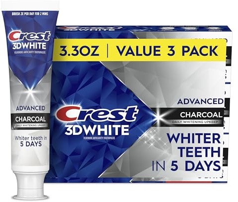 Crest 3D White Advanced Charcoal Teeth Whitening Toothpaste with Fluoride, 3.3 oz, Pack of 3