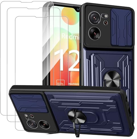 KZIOACSH Funda Xiaomi 13T/Xiaomi 13T Pro + 3× Cristal Templado,[Tapa Deslizante para la cámara] Anti-Choque con 360 Grados Magnetic Anillo Hard PC y Silicona TPU Bumper antigolpes Case,Azul