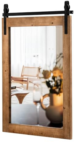 GOPLUS Wandspiegel mit Halterung, Spiegel mit Holzrahmen, dekorativer Spiegel Badspiegel für Wohnzimmer, Bad & Flur, Wandmontage, 56 x 76,5 cm(Braun)