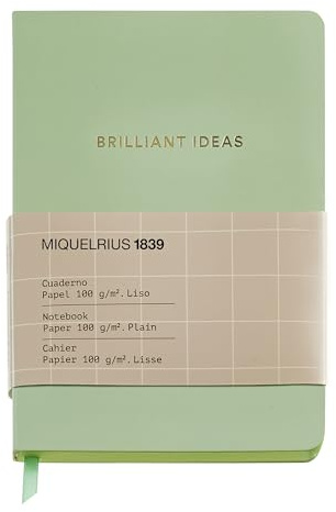 Miquelrius - Cuaderno de notas A6 (105 x 148 mm), Interior liso, 64 hojas en blanco de 100 g/m², Cubierta de cartón forrado con estampado dorado, Color verde