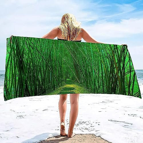 Beach Towel - 80 X 160 Cm Large Microfibre Beach Towels For Adults - Quick Dry And Sand Free - Lightweight And Compact Beach Towels For Travel, Swimming, Holiday - Green Bamboo Forest Landscape -6Q3Y