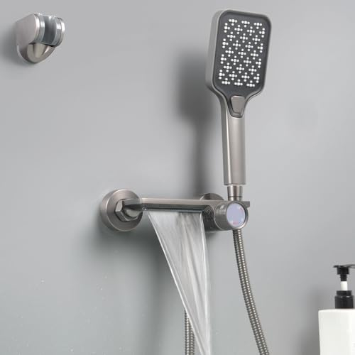 SHANFO Rubinetto Vasca da Bagno a Cascata, Miscelatore Vasca da Bagno con Doccetta,Rubinetto Doccia in Ottone, Grigio, 12Y7OK