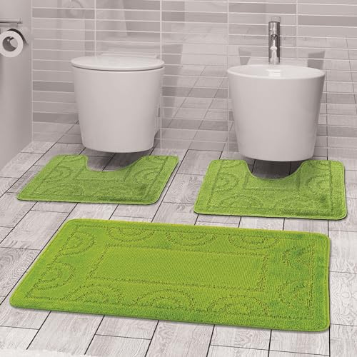 Comart - Set Tappeti Nicole da Bagno - Tre Pezzi - Tappetino Rettangolare 50x80 cm + Due Girowater 50x40 cm - Tris Antiscivolo ad Asciugatura Rapida - Traspiranti - Lavabili in Lavatrice - Verde