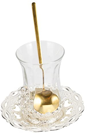 MOLUCKFU Vintage Glass Coffee and Tea Cup Set with Spoon, Silver 3pcs Glass Tea Cups for Home and Restaurant Use