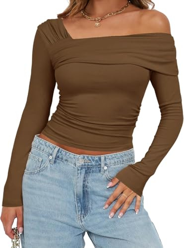TrendiMax Camicetta da Donna a Maniche Lunghe con Spalle Scoperte, in Maglia a Costine, Aderente, Marrone Scuro, M