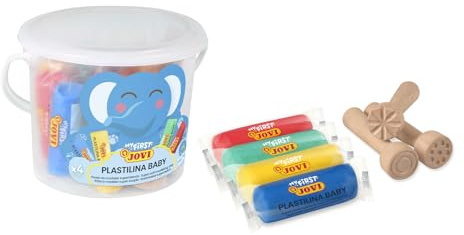 Jovi My First Plastilina Baby - 8 barritas de 38 g en 4 Colores Surtidos + 3 Sellos de Madera, Fórmula súper Blanda y Que no se Seca, a Partir de 12 Meses, sin Gluten