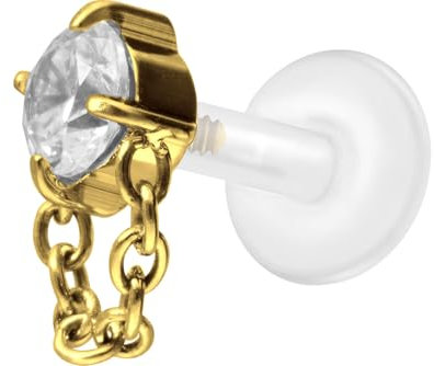 PIERCINGLINE PTFE Labret mit Gewinde + Titan-Aufsatz KRISTALL + KETTE Piercing Ohr Nase Goldfarben 1,2 x 5 mm