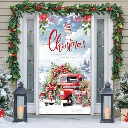 Merry Christmas Door Cover - Large Party Decoration Poster Sign Banner, Red Green Car Snowman Fabric Backdrop Decor for Front Porch Outdoor Wall