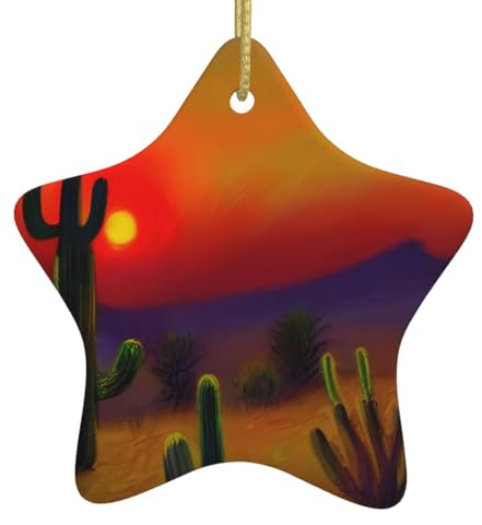 Cactus de puesta de sol en el desierto de cerámica para colgar en el árbol de Navidad, colgantes en forma de estrella, recuerdo