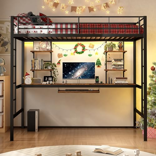 Genérico Cama Litera con Escritorio,Cama Loft de Metal con Escritorio y Estantes,Camas Altas Matrimonio, 90 x 190 cm, Negro