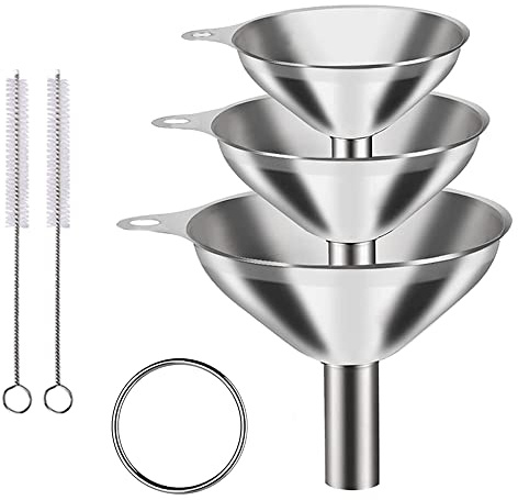 Stainless Steel Funnels, 3 Pcs Kitchen Funnel Set, 4.5/5.5/7.5 cm Stainless Steel Funnel with Handle and 2 Cleaning Brushes, Stackable Small for Transferring Liquids and Powders