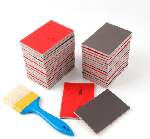 LCUHAVA 36 Pcs Éponge de Ponçage Eponge Abrasive Grain 180-3000 Faits Main Papier a Poncer Carrosserie, avec Brosse pour Bois, Métal, Peinture, Meubles, Polissage, Modelage