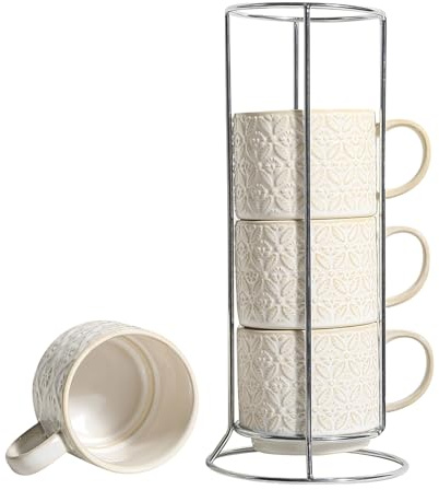 SumitlEyao 6 Oz Coffee Mugs with Stand - Stackable Ceramic Espresso Cups Set of 4, Embossed Coffee Cups, Porcelain Cappuccino for Latte, Cocoa, Mocha, Tea, Dishwasher Safe, 3 inch