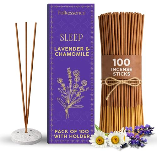 Folkulture Incense Sticks with Holder (100 Sticks)| Lavender & Chamomile Incense Sticks for Deep Sleep, Aromatherapy, Relax Stress |No Charcoal,Organic,Non Toxic, 45 Mins, Long Burning Insence-Sticks